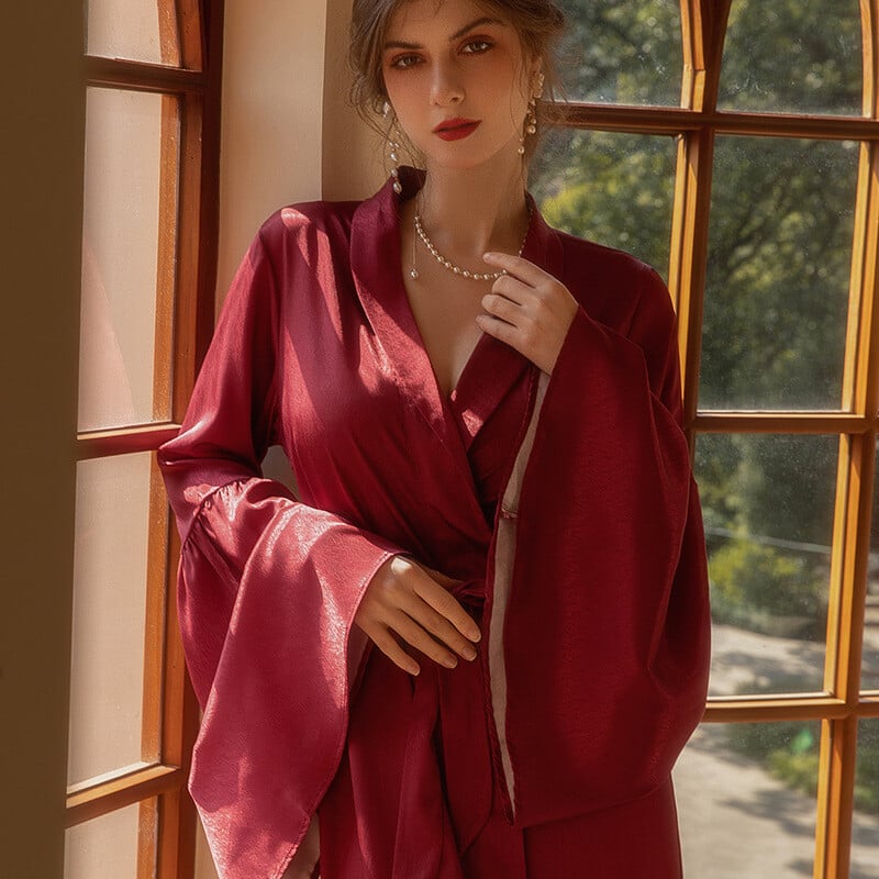 Biele nevesty dlhé svadobné župany nočné košele elegantné francúzske rozšírené rukávy kimono župan šaty jarné letné voľné saténové domáce oblečenie