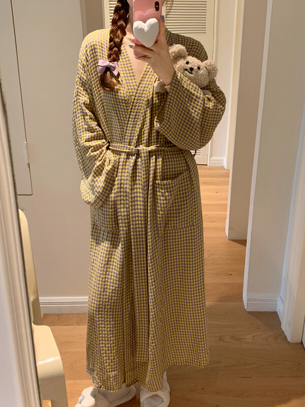 Αρχική Μαλακή καλοκαιρινή ριγέ μακρυμάνικη καρό γυναικεία πυζά Κομψά casual μακρύ νυχτικό Κορεάτικο στυλ Απλή γλυκιά μπλούζα ύπνου