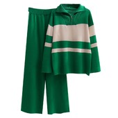Pletený sveter, dvojdielny oblek, dámsky jesenný a zimný módny outfit, temperamentný top s vysokým golierom a nohavice so širokými nohavicami, kostým