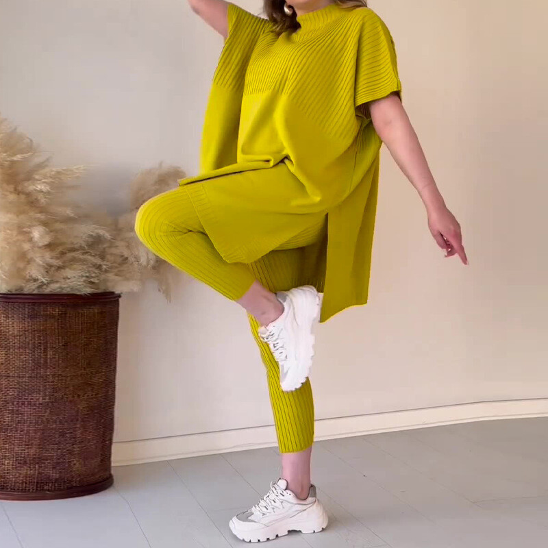 Kétrészes női nadrággarnitúrák Kötött denevérszárnyú pulóverek, rövid ujjú, osztott felsők, laza szabású, laza, rugalmas deréknadrágok, tél 2024