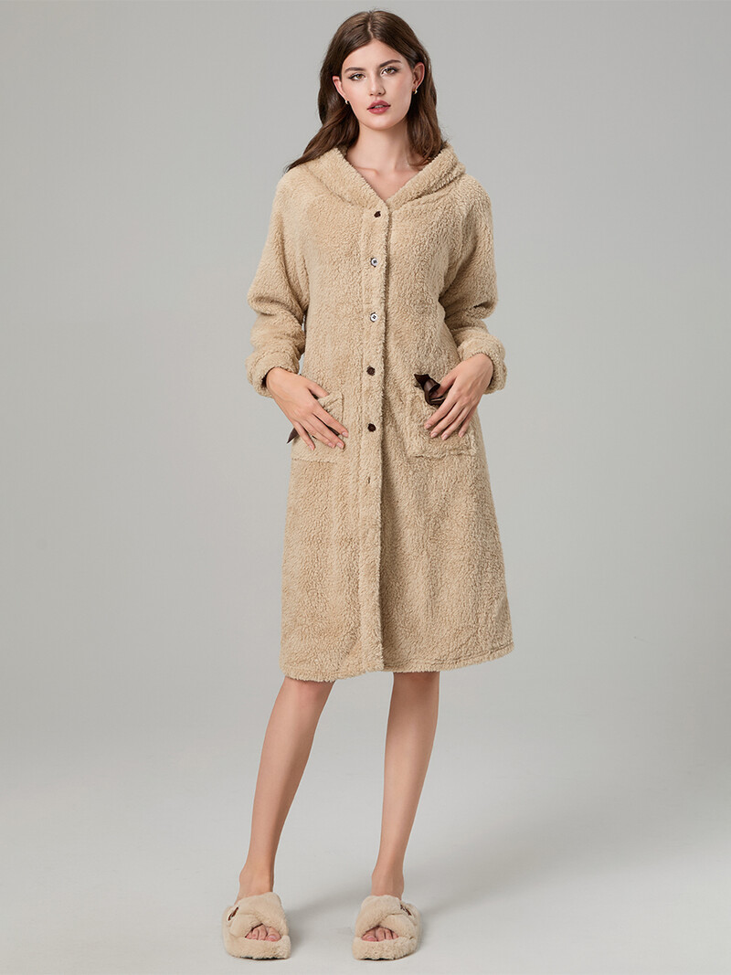 Naiste hommikumantel hommikumantel, nööbid, taskud, flanellist kapuutsiga hommikumantel hotelli spaapeol, kimonorüü