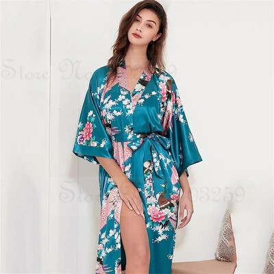 Moteriškas ilgas chalatas, kimono chalatas su kišenėmis Seksuali vestuvinė nuotakos nuotakos marškinėlė Oversize Satin Homewear Poilsio drabužiai