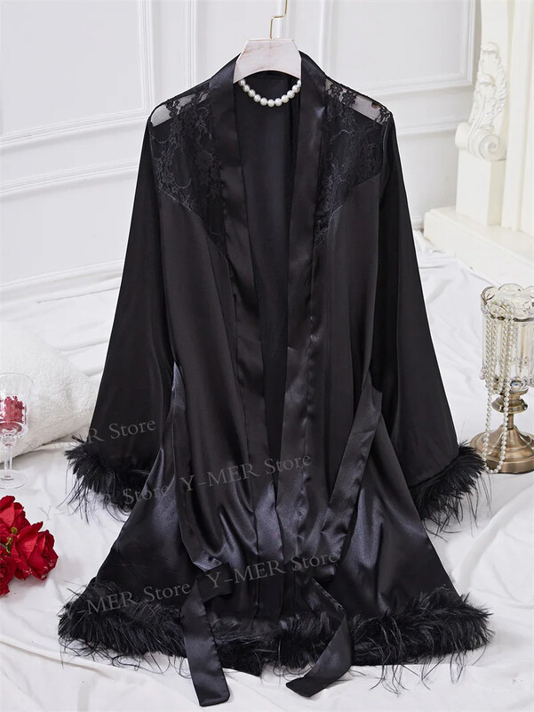 Seksikas sulgedest salongirõivad öösärk Lühike satiinist hommikumantel Naiste mood magamisriided Kodune hommikumantel Naiste jääsiidist kimono öösärk