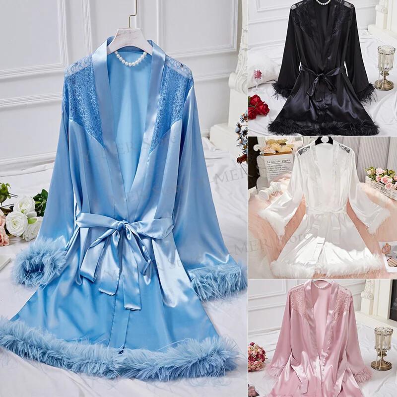 Seksikas sulgedest salongirõivad öösärk Lühike satiinist hommikumantel Naiste mood magamisriided Kodune hommikumantel Naiste jääsiidist kimono öösärk