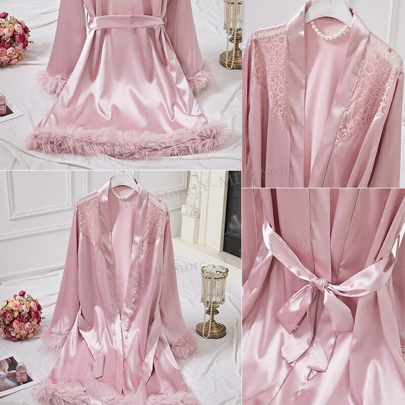 Seksikas sulgedest salongirõivad öösärk Lühike satiinist hommikumantel Naiste mood magamisriided Kodune hommikumantel Naiste jääsiidist kimono öösärk