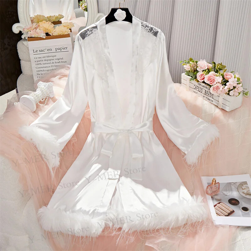 Seksikas sulgedest salongirõivad öösärk Lühike satiinist hommikumantel Naiste mood magamisriided Kodune hommikumantel Naiste jääsiidist kimono öösärk