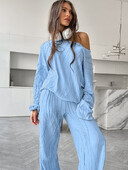 Mozuleva őszi új hosszú ujjú nadrág kötött csíkos kétrészes szett egyszínű Basic laza alvás női alkalmi pizsama öltöny