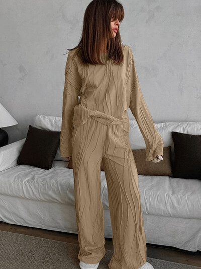 Mozuleva őszi új hosszú ujjú nadrág kötött csíkos kétrészes szett egyszínű Basic laza alvás női alkalmi pizsama öltöny