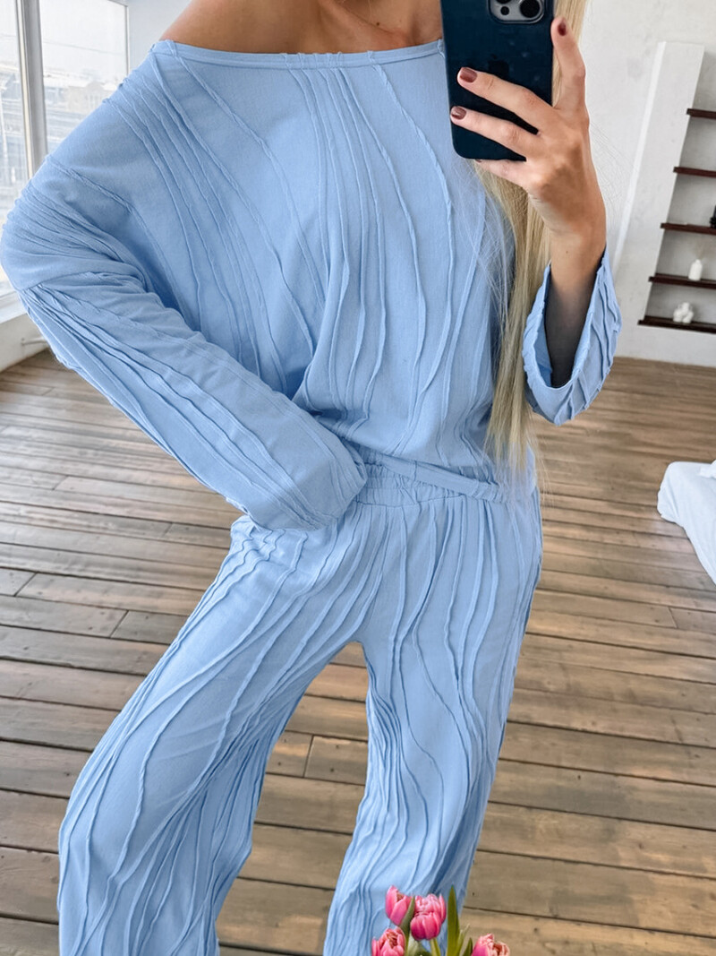 Mozuleva őszi új hosszú ujjú nadrág kötött csíkos kétrészes szett egyszínű Basic laza alvás női alkalmi pizsama öltöny