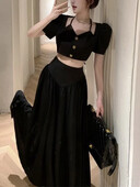 Toamnă Sexy Advanced Sense 2 Piese Set Femei Franțuzesc Delicat Elegant Elegant Socialite Femei Topuri scurte Negru + Fusta cu talie înaltă