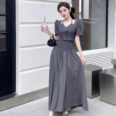 Toamnă Sexy Advanced Sense 2 Piese Set Femei Franțuzesc Delicat Elegant Elegant Socialite Femei Topuri scurte Negru + Fusta cu talie înaltă