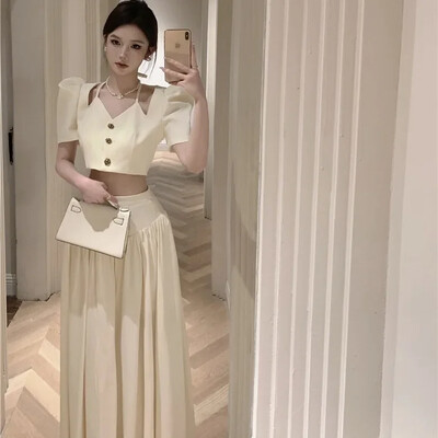 Toamnă Sexy Advanced Sense 2 Piese Set Femei Franțuzesc Delicat Elegant Elegant Socialite Femei Topuri scurte Negru + Fusta cu talie înaltă