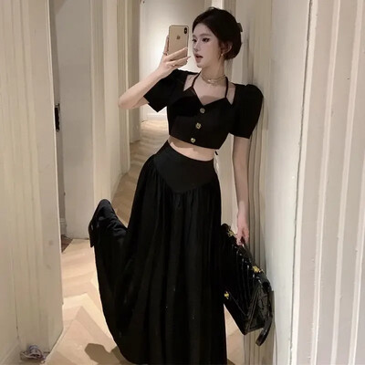 Toamnă Sexy Advanced Sense 2 Piese Set Femei Franțuzesc Delicat Elegant Elegant Socialite Femei Topuri scurte Negru + Fusta cu talie înaltă