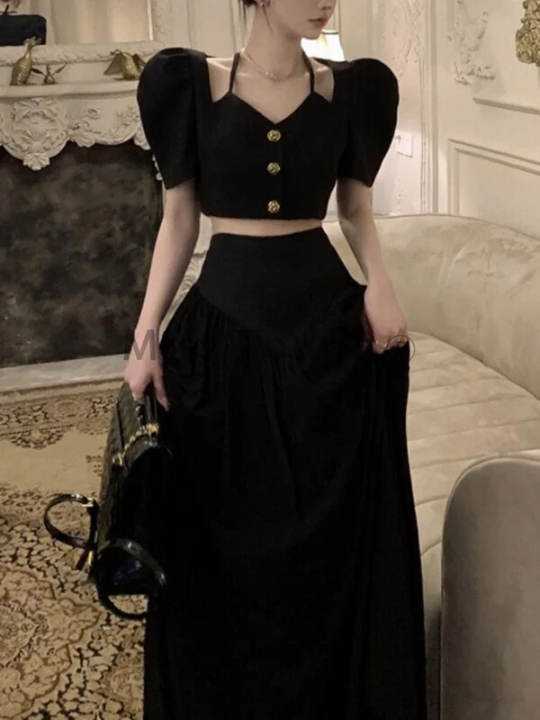 Toamnă Sexy Advanced Sense 2 Piese Set Femei Franțuzesc Delicat Elegant Elegant Socialite Femei Topuri scurte Negru + Fusta cu talie înaltă