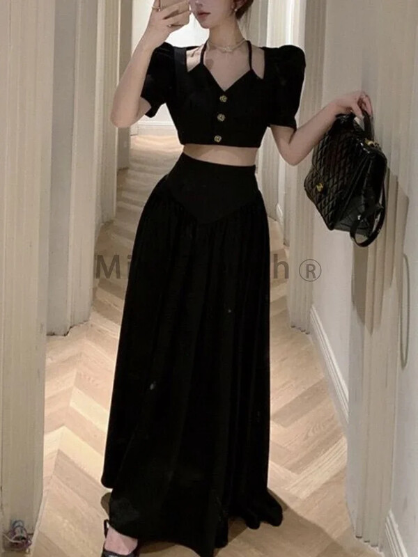 Toamnă Sexy Advanced Sense 2 Piese Set Femei Franțuzesc Delicat Elegant Elegant Socialite Femei Topuri scurte Negru + Fusta cu talie înaltă