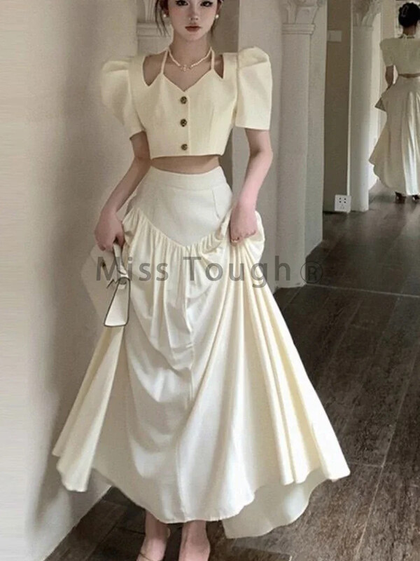 Toamnă Sexy Advanced Sense 2 Piese Set Femei Franțuzesc Delicat Elegant Elegant Socialite Femei Topuri scurte Negru + Fusta cu talie înaltă