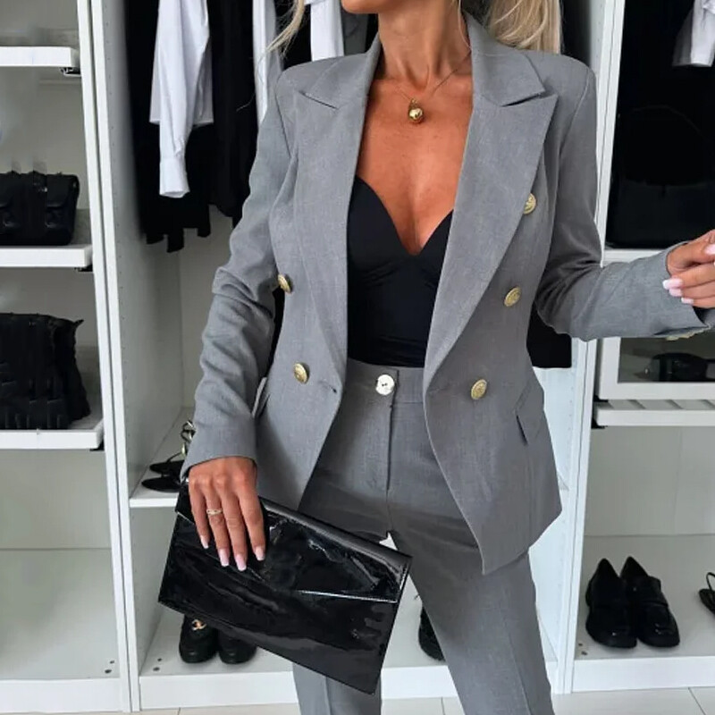 Wefads Jesenný dvojdielny oblek Kancelárska móda Jednodielny klopový dlhý rukáv Dvojitý gombík Top rovný s vreckami Nohavice Set Streetwear
