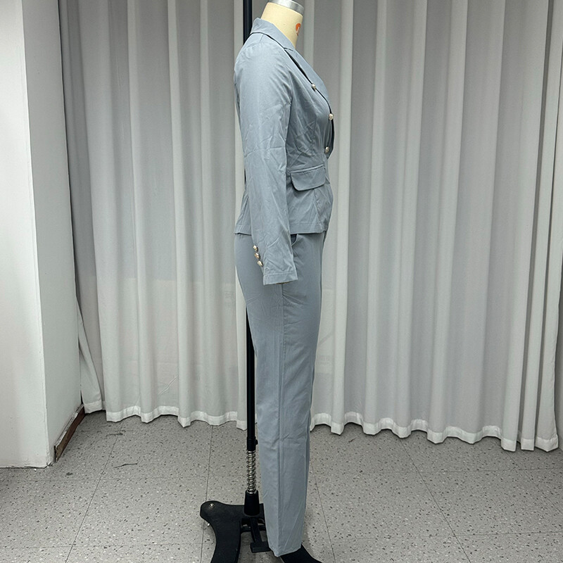 Wefads Jesenný dvojdielny oblek Kancelárska móda Jednodielny klopový dlhý rukáv Dvojitý gombík Top rovný s vreckami Nohavice Set Streetwear
