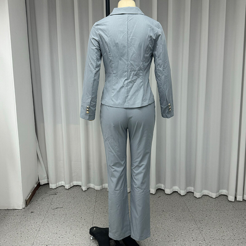Wefads Jesenný dvojdielny oblek Kancelárska móda Jednodielny klopový dlhý rukáv Dvojitý gombík Top rovný s vreckami Nohavice Set Streetwear