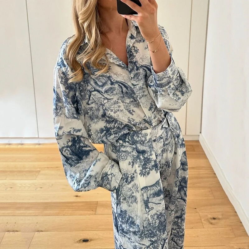 „Wefads“ 2 dalių komplektas, moteriškas laisvalaikio ilgų rankovių atvartas, margintas viena krūtine, marškinėliai su mygtukais, viršutiniai laisvi, plačios kelnių rinkiniai, gatvės apranga