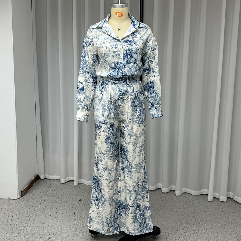 „Wefads“ 2 dalių komplektas, moteriškas laisvalaikio ilgų rankovių atvartas, margintas viena krūtine, marškinėliai su mygtukais, viršutiniai laisvi, plačios kelnių rinkiniai, gatvės apranga