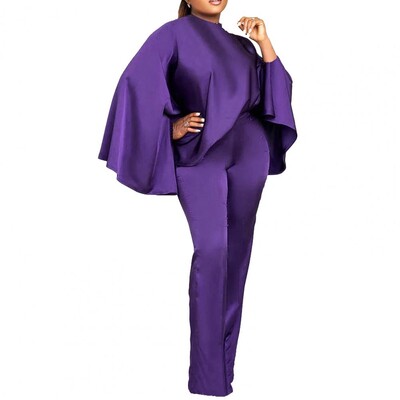 2gab/komplekts Sieviešu mākslīgā satīna apģērbs ar O veida kakla izgriezumu, garām sikspārņa piedurknēm, brīvi topi ar augstu vidukli, garas bikses komplekts vienkrāsains elastīgs apģērbs