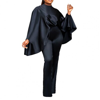 2gab/komplekts Sieviešu mākslīgā satīna apģērbs ar O veida kakla izgriezumu, garām sikspārņa piedurknēm, brīvi topi ar augstu vidukli, garas bikses komplekts vienkrāsains elastīgs apģērbs