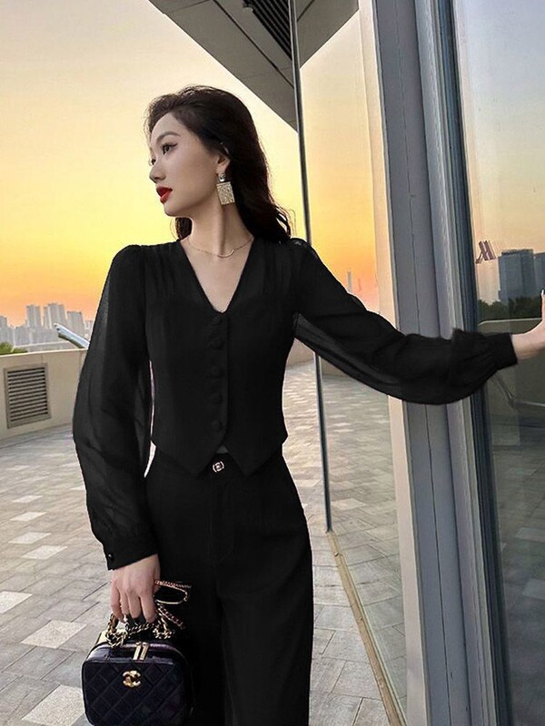 Sieviešu bikses ar platām kājām sieviešu blūze un bikses divdaļīgs komplekts pavasara rudens sarkans piedāvājums bezmaksas krekla piegāde Koreja Stilīgs drēbnieks