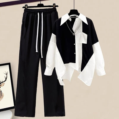Novo korejsko izdanje za proljeće i jesen 2024. Nova lažna dvodijelna košulja + moderan dvodijelni komplet hlača širokih nogavica