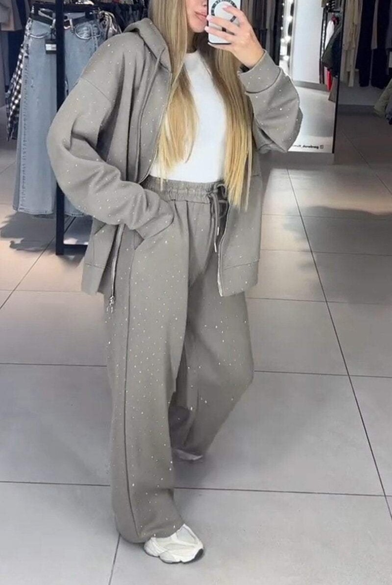 Sportinis rinkinys Moteriškas megztukas Rudeninis žieminis laisvalaikio kostiumas su užtrauktuku su užtrauktuku, džemperis su gobtuvu + plačios kelnės 2 dalių apranga