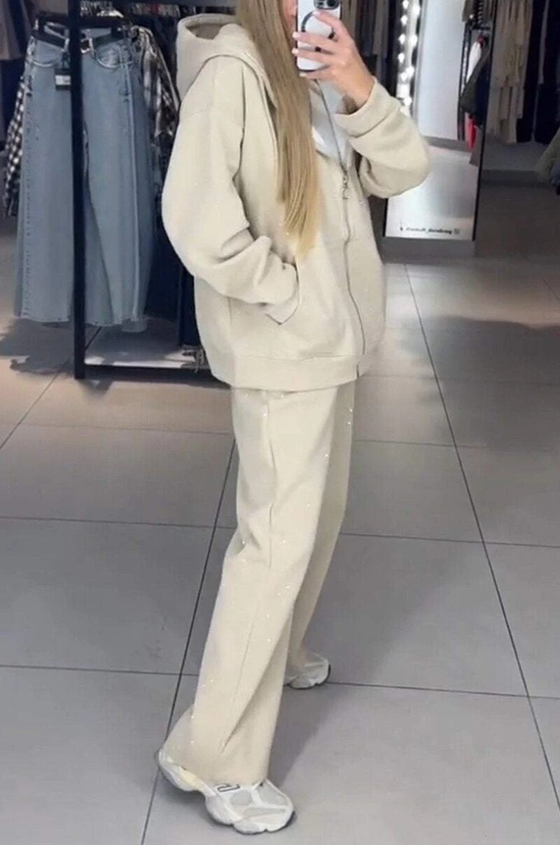 Sportinis rinkinys Moteriškas megztukas Rudeninis žieminis laisvalaikio kostiumas su užtrauktuku su užtrauktuku, džemperis su gobtuvu + plačios kelnės 2 dalių apranga