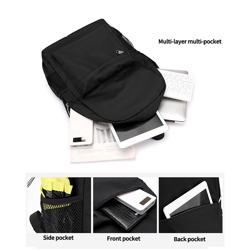 Čierny batoh pre mužov, stredoškolská taška pre chlapcov, odolný nylonový USB nabíjací batoh pre vysokoškolákov
