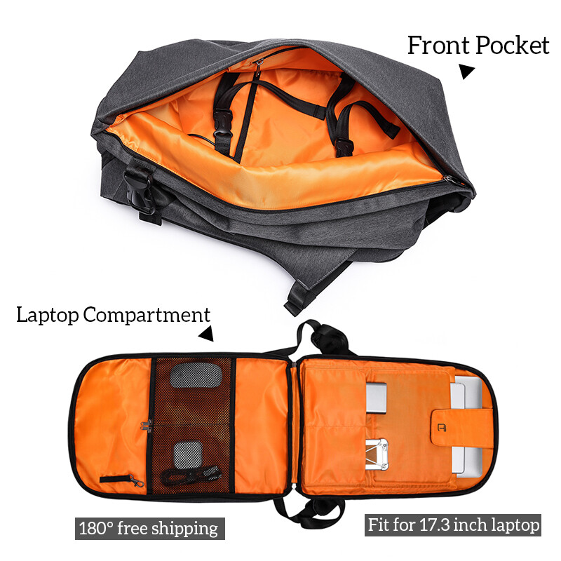 Tangcool pánsky batoh na notebook 16-17 palcov, vodotesný, otvorený o 180 stupňov, veľkokapacitná cestovná taška s USB nabíjaním, športová taška pre tínedžerov