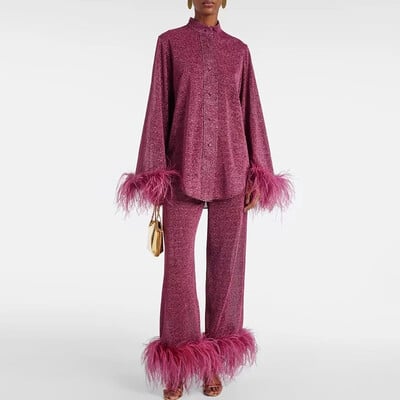 Stil Femei Seturi de decorațiuni elegante cu pene de primăvară cu guler în picioare Bluză cu nasturi Cămăși Pantaloni cu picioare largi Ținute Costum solid de toamnă Y2k
