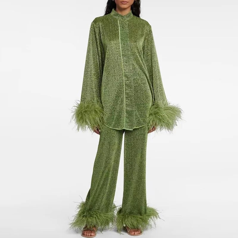 Stil Femei Seturi de decorațiuni elegante cu pene de primăvară cu guler în picioare Bluză cu nasturi Cămăși Pantaloni cu picioare largi Ținute Costum solid de toamnă Y2k