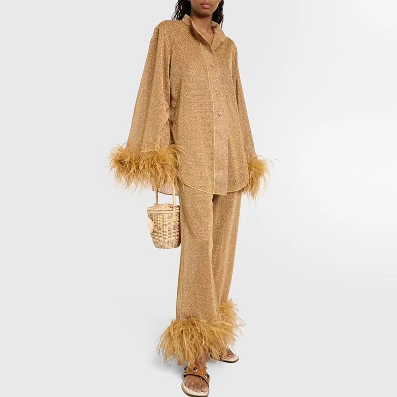 Stil Femei Seturi de decorațiuni elegante cu pene de primăvară cu guler în picioare Bluză cu nasturi Cămăși Pantaloni cu picioare largi Ținute Costum solid de toamnă Y2k