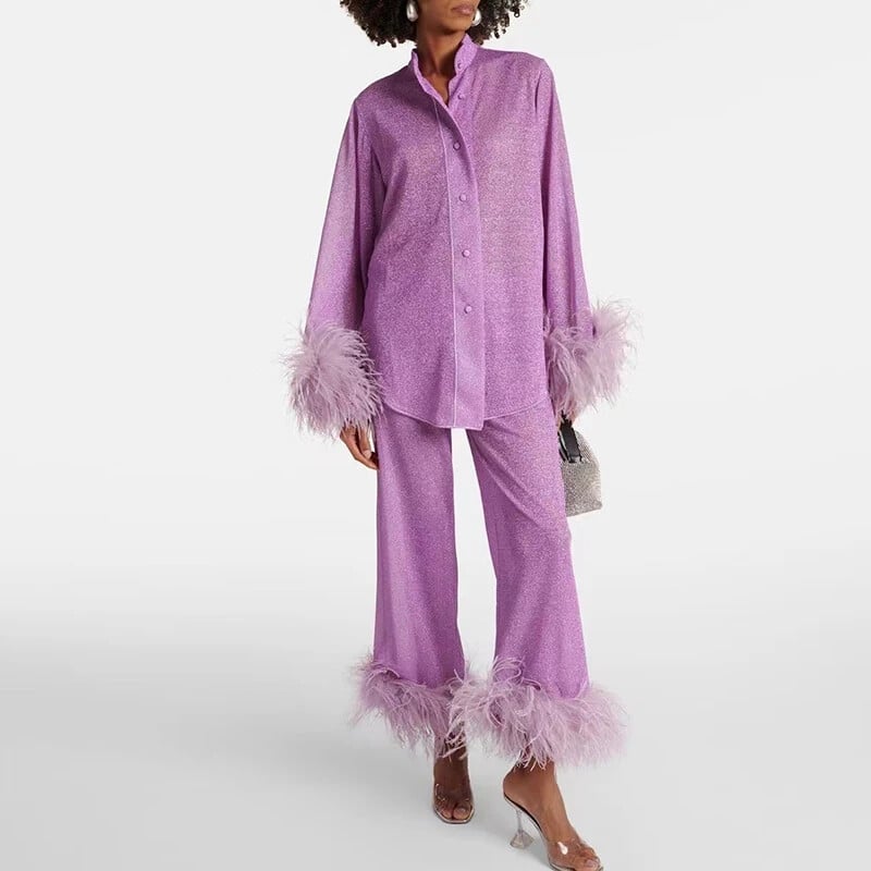 Stil Femei Seturi de decorațiuni elegante cu pene de primăvară cu guler în picioare Bluză cu nasturi Cămăși Pantaloni cu picioare largi Ținute Costum solid de toamnă Y2k