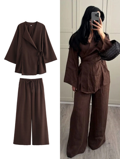 TRAF Fashion Lenn 2 Pieces Γυναικεία 2024 Ανοιξιάτικο Καλοκαίρι σε στυλ κιμονό Φαρδιά μπλουζάκια με κορδόνια Γυναικεία σετ παντελόνια με φαρδιά πόδια