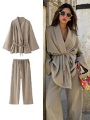 ZABA, la modă pentru femei, de culoare uni, cu rever, cămașă confortabilă cu mânecă lungă, ocazional, cu talie înaltă, pantaloni lați, set de două piese