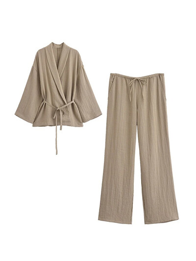 ZABA, la modă pentru femei, de culoare uni, cu rever, cămașă confortabilă cu mânecă lungă, ocazional, cu talie înaltă, pantaloni lați, set de două piese