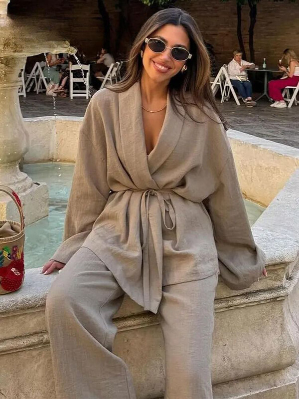 ZABA, la modă pentru femei, de culoare uni, cu rever, cămașă confortabilă cu mânecă lungă, ocazional, cu talie înaltă, pantaloni lați, set de două piese