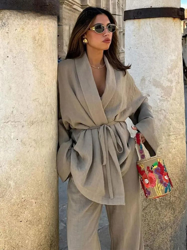 ZABA, la modă pentru femei, de culoare uni, cu rever, cămașă confortabilă cu mânecă lungă, ocazional, cu talie înaltă, pantaloni lați, set de două piese