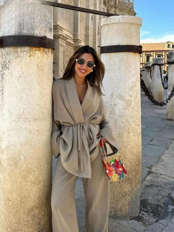 ZABA, la modă pentru femei, de culoare uni, cu rever, cămașă confortabilă cu mânecă lungă, ocazional, cu talie înaltă, pantaloni lați, set de două piese