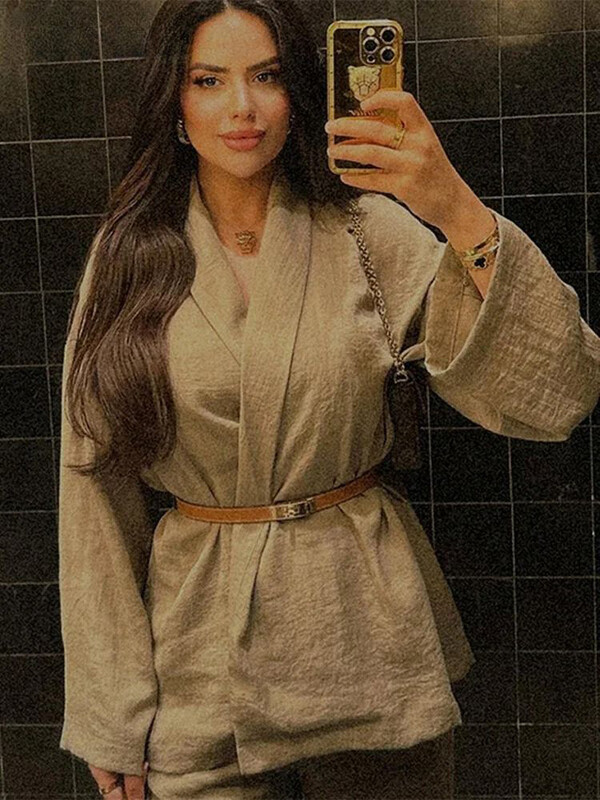 ZABA, la modă pentru femei, de culoare uni, cu rever, cămașă confortabilă cu mânecă lungă, ocazional, cu talie înaltă, pantaloni lați, set de două piese