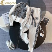 Ρετρό στάμπα μακρυμάνικο μπουφάν με φερμουάρ και παντελόνι με κορδόνι Σετ δύο τεμαχίων Μοντέρνα γυναικεία αθλητικά κοστούμια αθλητικές φόρμες