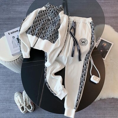 Ρετρό στάμπα μακρυμάνικο μπουφάν με φερμουάρ και παντελόνι με κορδόνι Σετ δύο τεμαχίων Μοντέρνα γυναικεία αθλητικά κοστούμια αθλητικές φόρμες