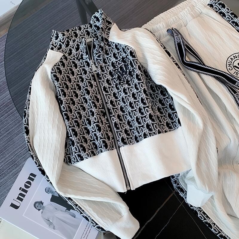 Ρετρό στάμπα μακρυμάνικο μπουφάν με φερμουάρ και παντελόνι με κορδόνι Σετ δύο τεμαχίων Μοντέρνα γυναικεία αθλητικά κοστούμια αθλητικές φόρμες