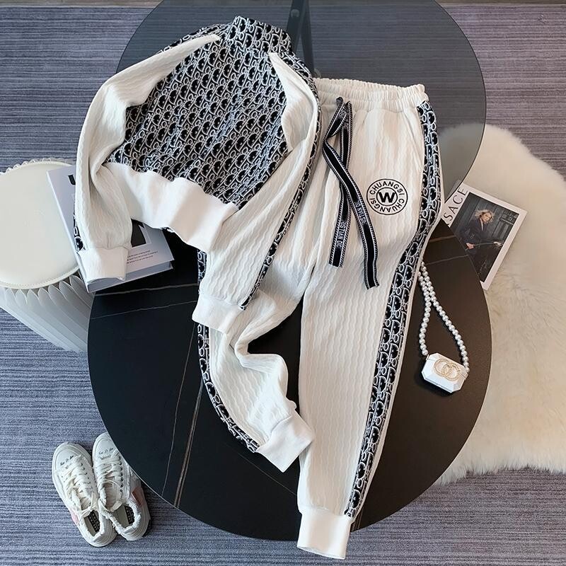 Ρετρό στάμπα μακρυμάνικο μπουφάν με φερμουάρ και παντελόνι με κορδόνι Σετ δύο τεμαχίων Μοντέρνα γυναικεία αθλητικά κοστούμια αθλητικές φόρμες