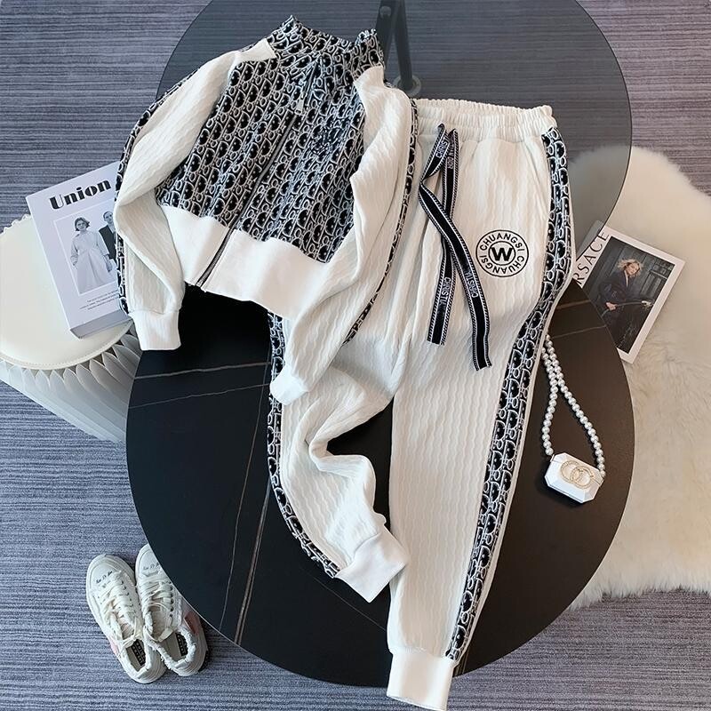 Ρετρό στάμπα μακρυμάνικο μπουφάν με φερμουάρ και παντελόνι με κορδόνι Σετ δύο τεμαχίων Μοντέρνα γυναικεία αθλητικά κοστούμια αθλητικές φόρμες
