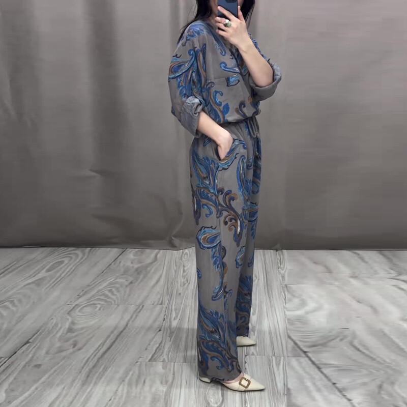 Erdei stílusú mintás nyomat vintage szett női tavaszra igazított hosszú ujjú ing és felkötős nadrág felszerelés új nyári gombos 2db öltöny